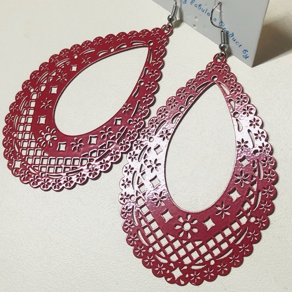Mexican Red Earrings Papel Picado Style Arracadas - Picture 3 of 3